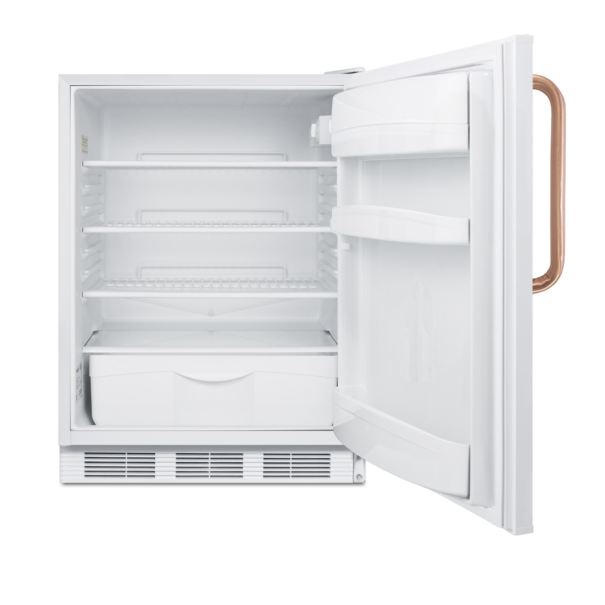 ADA compliant commercial all-refrigerator for built-in general purpose use, with pure copper handle, lock, automatic defrost operation, and white exterior